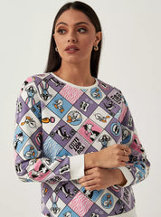 MAX FASHION All-Over Looney Tunes Print Sweatshirt with Round Neck and Long Sleeves-Purple