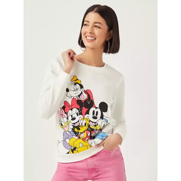 MAX FASHION Mickey Mouse Print Sweatshirt with Long Sleeves-White