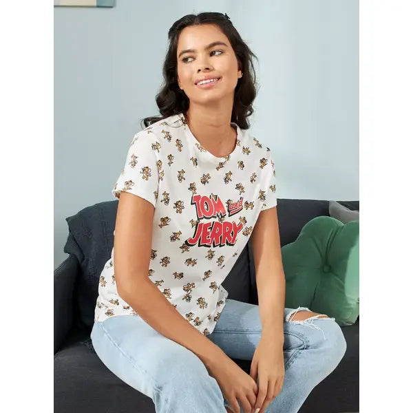 MAX FASHION Tom and Jerry Print Better Cotton T-shirt with Round Neck-White