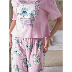 MAX FASHION Smurf Print T-shirt and Pyjama Set-Pink