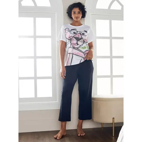 MAX FASHION Pink Panther Print T-shirt and Pyjama Set-White