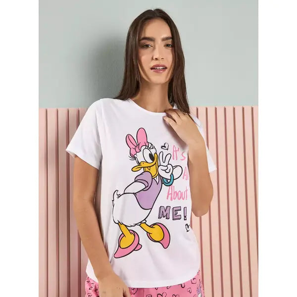 MAX FASHION Daisy Duck Print Cotton Shorts Set-White