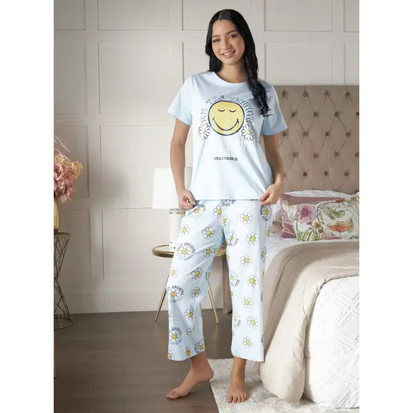 MAX FASHION Smiley Print Cotton Pyjama Set-Blue