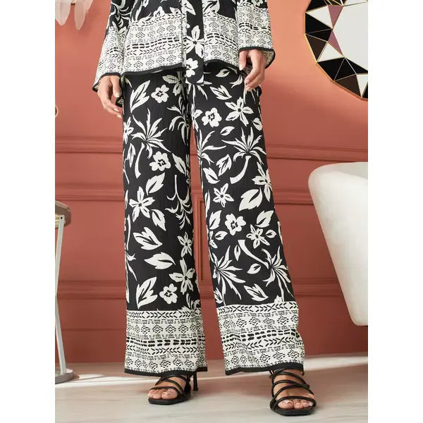 MAX FASHION All-Over Floral Print Wide Leg Pants-Black