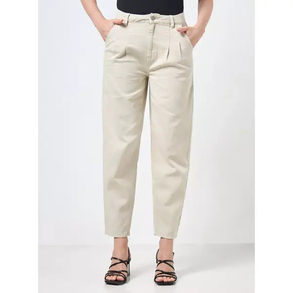MAX FASHION Plain Pleated Mom Jeans-cream