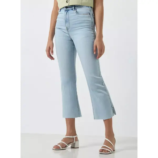MAX FASHION Plain Cropped Flared Jeans with Slit-Blue
