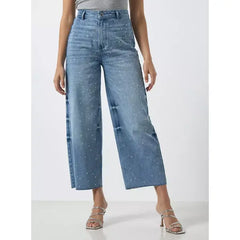 MAX FASHION High-Rise Ankle Length Embellished Wide Leg Jeans-Blue