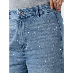 MAX FASHION High-Rise Ankle Length Embellished Wide Leg Jeans-Blue