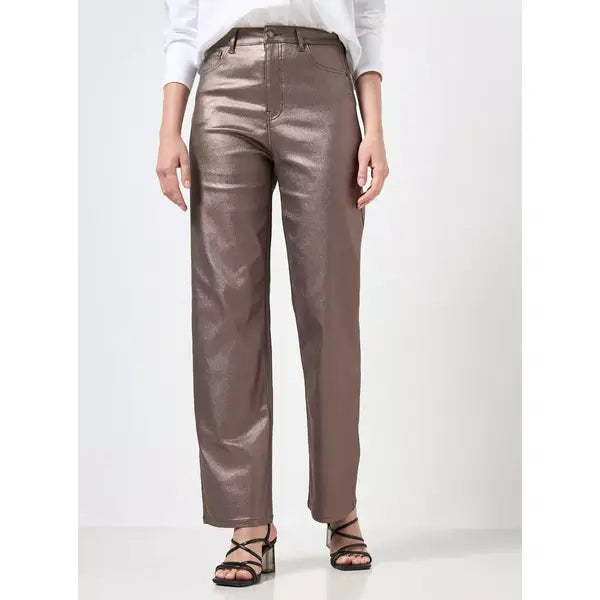 MAX FASHION Stretch Foil Wide Leg Jeans-Brown