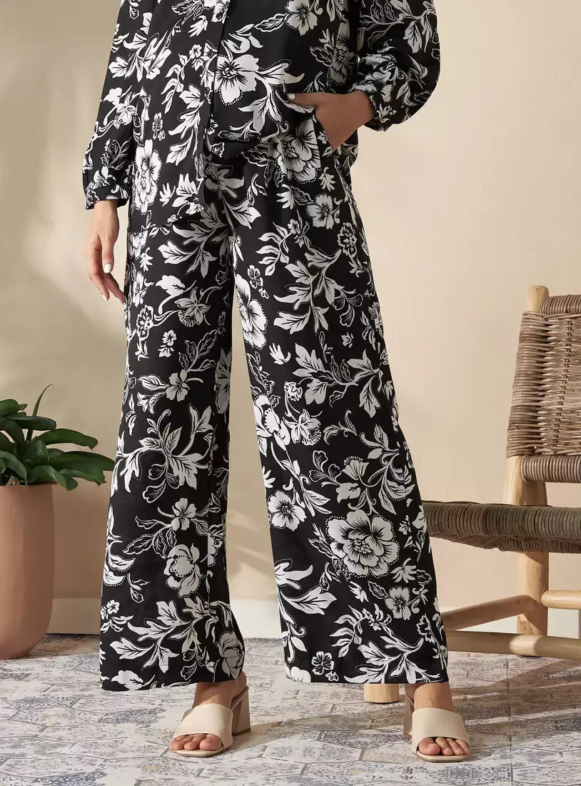 MAX FASHION All-Over Floral Print Wide Leg Maternity Pants-Black