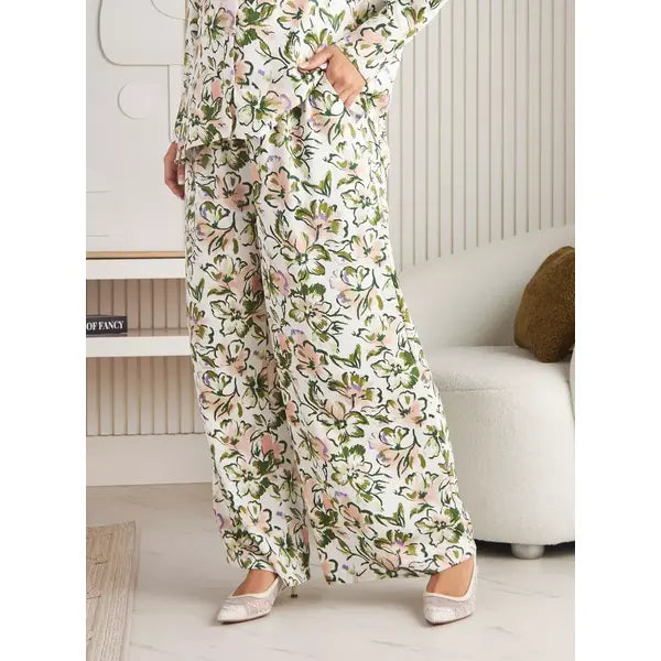 MAX FASHION All-Over Floral Print Wide Leg Pants-Green