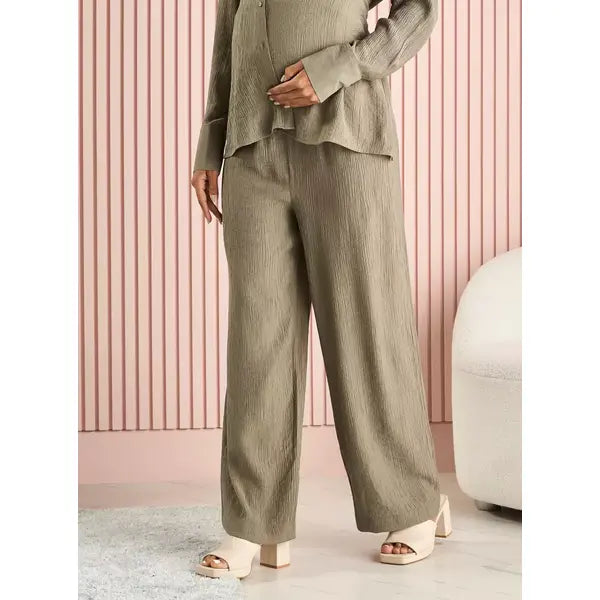 MAX FASHION Crinkled Wide Leg Maternity Pants-Green