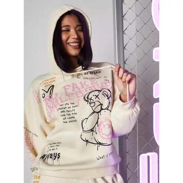 MAX FASHION All-Over Slogab Print Hooded Sweatshirt-Beigi
