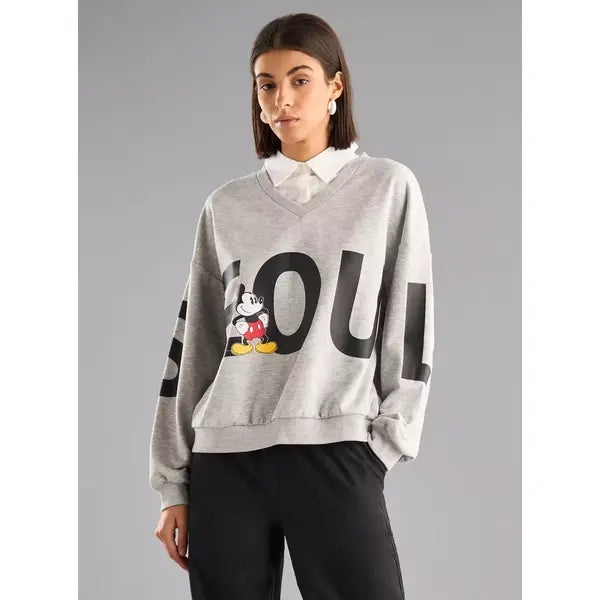 MAX FASHION Mickey Mouse Print Sweatshirt with Long Sleeves-Gray