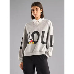 MAX FASHION Mickey Mouse Print Sweatshirt with Long Sleeves-Gray