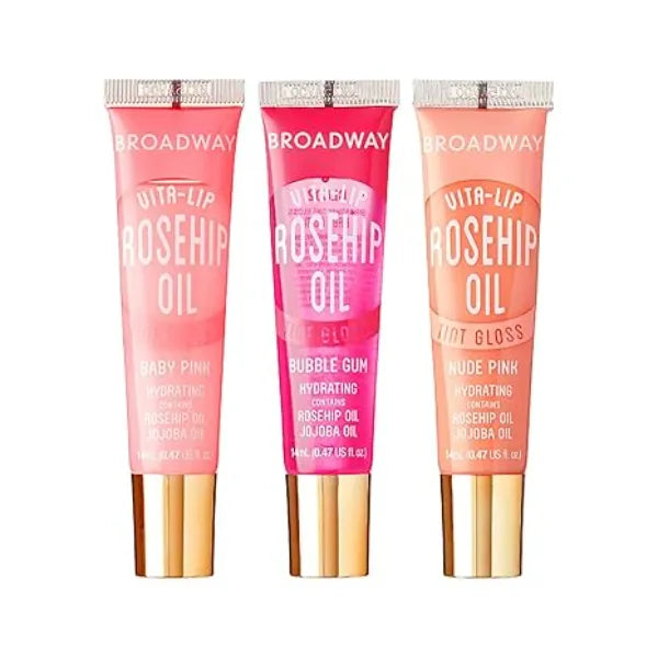 Ruby Kisses Broadway Vita-Lip Tinted Lip Gloss (3 Pack Baby Pink, Bubble Gum, Nude Pink) Ultra-Hydrating Rosehip + Jojoba Oil & Soothing Formula with Vitamins, High-Shine lip balm.