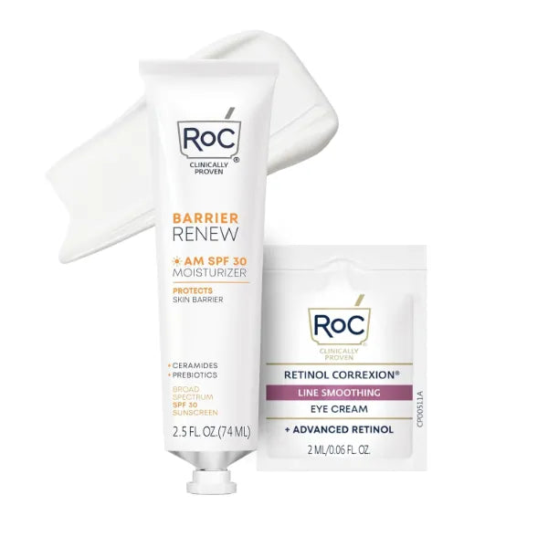 RoC Barrier Renew Day & Night Moisturizer – Ceramide & Prebiotic Day Cream with Broad Spectrum SPF 30 + Ceramide Night Cream with Green Tea Antioxidants & Lipo Peptides, Includes Retinol Eye Cream Packette - 2.5 oz