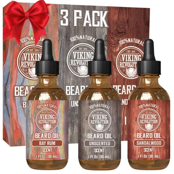 Viking Revolution Beard Oil for Men 3 Pack - Natural Mens Beard Oil Variety Set, Beard Conditioning and Moisturizing for a Healthy Beard - 1oz (Pack of 3)