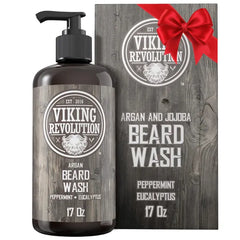 Viking Revolution Beard Wash & Conditioner w/Argan & Jojoba Oils – Softens, Smooths & Strengthens Beard Growth - Natural Peppermint and Eucalyptus Scent - Shampoo (17 oz)