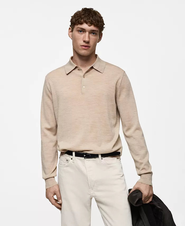 MANGO Men's Slim-Fit Fine-Knit Wool Polo Sweater