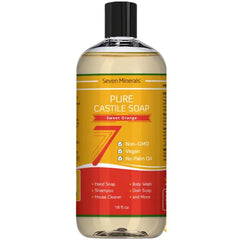 Seven Minerals Pure Castile Soap - No Palm Oil, GMO-Free - Gentle Liquid Soap For Sensitive Skin & Baby Wash - All Natural Vegan Formula with Organic Carrier Oils (33.8 fl oz)