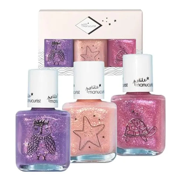 Manucurist Kids Nail Polish Set  Glitter Raspberry Pink, Pale Pink, Purple Water Based Non Toxic From 3 Years Old Gift Box Gifts for Kids