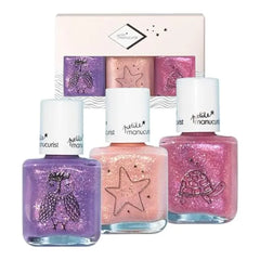Manucurist Kids Nail Polish Set  Glitter Raspberry Pink, Pale Pink, Purple Water Based Non Toxic From 3 Years Old Gift Box Gifts for Kids