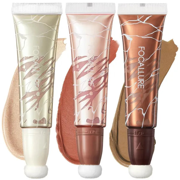 FOCALLURE 3 PCS Liquid Contour Stick,Moisturizing Highlighter,Blush and Bronzer,Silky Cream Contouring Pen with Soft Cushion Applicator,Long Lasting Face Illuminator Makeup
