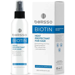 BELLISSO Biotin Heat Protectant Spray with Moroccan Argan Oil – Thermal Shield for Flat Iron & Blow Dry, Anti-Frizz Leave-In Conditioner for Frizzy, Curly & Black Hair