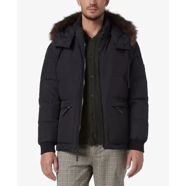 Men's Down Bomber with Faux Fur Trim and Removable Hood