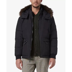 Men's Down Bomber with Faux Fur Trim and Removable Hood