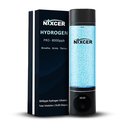 Nixcer Hydrogen Pro Water Bottle – 8000PPB H2, SPE/PEM, OLED Display, Dual Mode (5/10 Min), USB-C Rechargeable – Portable Hydrogen Generator for Wellness, Recovery, Gym & Gift - Turquoise,Black & Silver