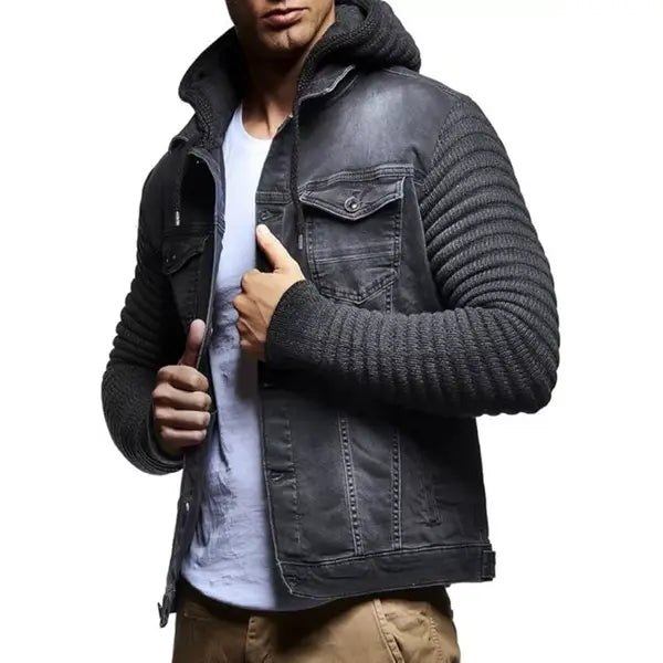 Men's LN5240 Casual Denim Jacket with Knitted Sleeves