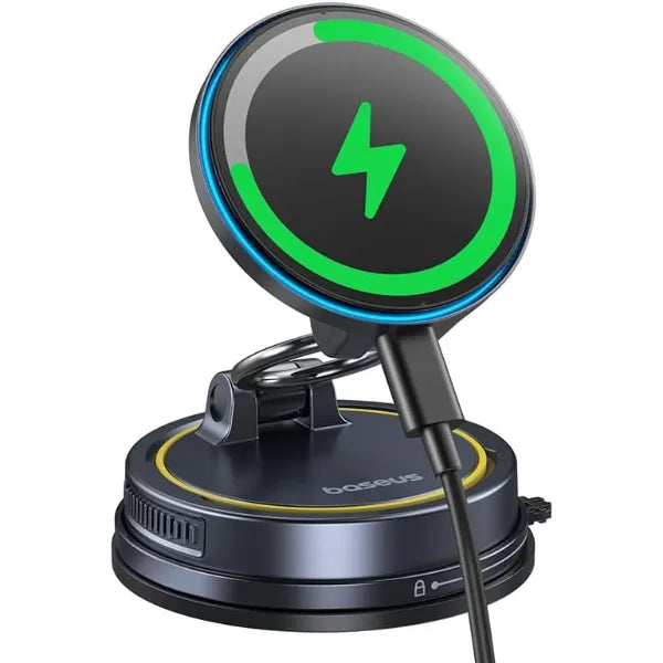 Baseus 15W MagSafe Car Mount Charger – 119LBS Suction Cup, 720° Adjustable Foldable Magnetic Phone Holder with Reusable Gel for iPhone 17–13