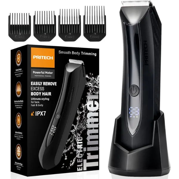 PRITECH Body Hair Trimmer for Men: Waterproof Groin & Ball Shaver with Ceramic Blade & Charging Dock - Cordless Wet/Dry Male Hygiene Groomer