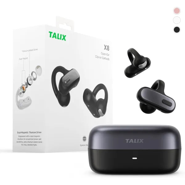 TALIX Open Ear Clip-On Earbuds X8 with AI ENC & Powerful Bass, Wireless Bluetooth 6.0, IPX4 Sweatproof Fitness Headphones, Physical Buttons, 5g Lightweight Ear Buds with Multi-Device Switching