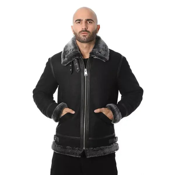 Men's Shearling Biker Jacket, Vintage Like Camel with Beige Curly Wool