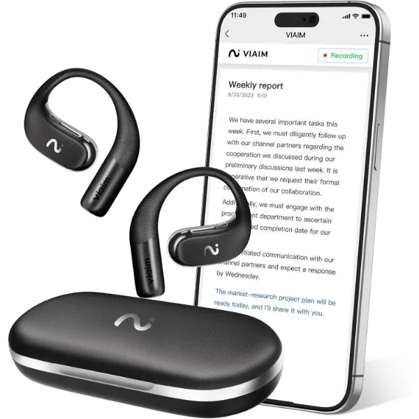 OpenNote AI Voice Recorder Earbuds – Open-Ear 2-in-1 AI Note Taker with FlashRecord, Call Recording, Transcription & AI Summary – Black