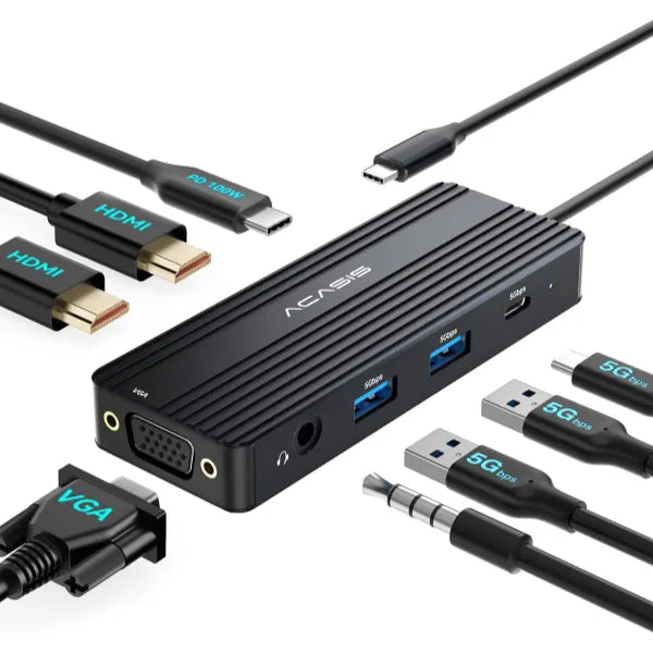 ACASIS 8-in-1 USB-C Docking Station with Dual Monitor Support (Dual HDMI + VGA), USB-A/C Ports, 3.5mm Audio & 100W PD for Dell/HP/Lenovo ThinkPad