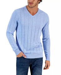 Men's Drop-Needle V-Neck Cotton Sweater