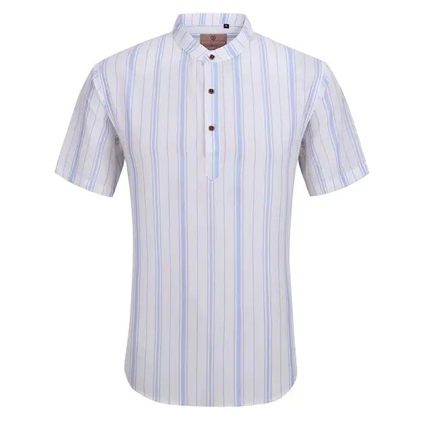 Suslo Couture Men's Linen Stripped Banded Collar Button Up