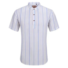 Suslo Couture Men's Linen Stripped Banded Collar Button Up
