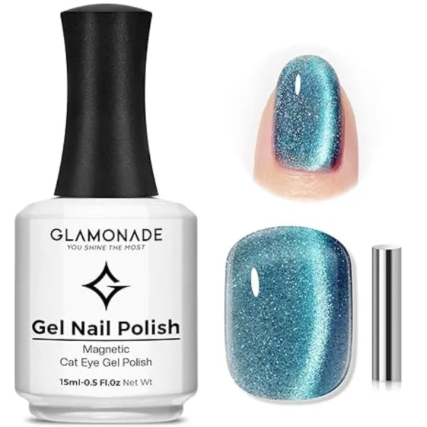 Glamonade Cat Eye Gel Nail Polish 15ml lce Glass Holographic Sparkly Shimmer Translucent Sheer Jelly Glitter Reflective Cat Eye Effect With Magnet Salon DIY Crystal Nail Art