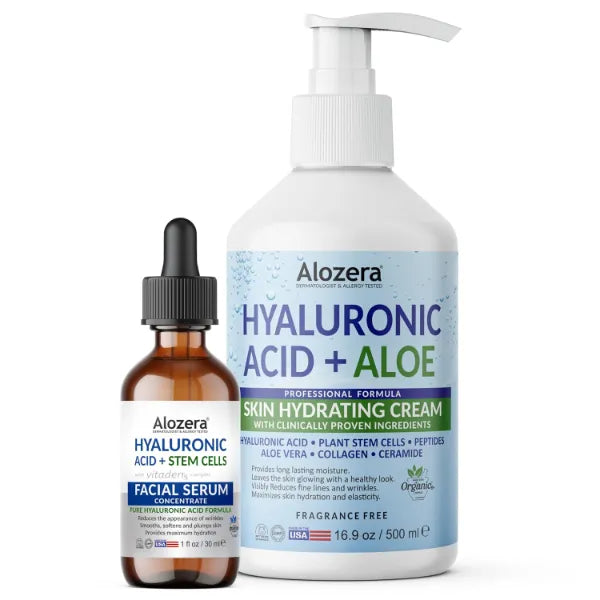 Alozera Hyaluronic Acid Body Lotion & Hyaluronic Acid Serum Bundle with Aloe, Ceramides & Stem Cells for Deep Hydration, Plumper Skin & Daily Moisture, Lightweight & Fragrance-Free