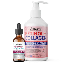 Alozera Skin Firming Retinol Collagen Body Lotion & Retinol Collagen Serum Bundle with Stem Cells, Hyaluronic Acid, Peptides & Ceramides for Aging Skin, Wrinkles, Firming, Tightening & Hydrating