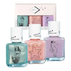 Manucurist Kids Nail Polish Set  Glitter Raspberry Pink, Pale Pink, Purple Water Based Non Toxic From 3 Years Old Gift Box Gifts for Kids