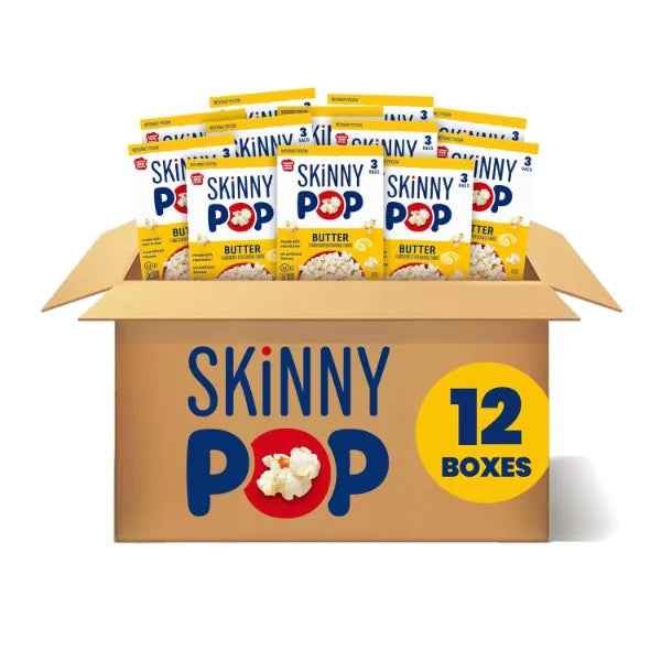 SkinnyPop Butter & Sea Salt Microwave Popcorn, Made with Real Butter, Whole Grain Snack, (12 Boxes, 3 Bags per Box)