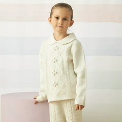 Max fashion Textured Collared Sweater and Pants Set cream