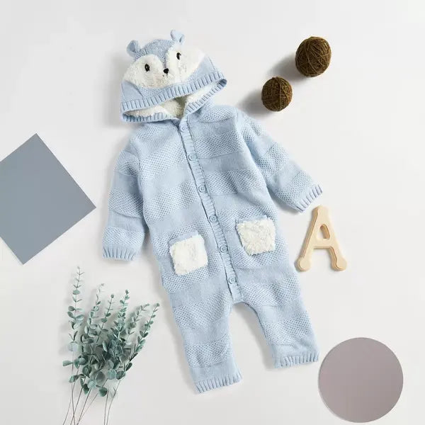 Max fashion Textured Fur Lining Sweater Romper with Hood blue