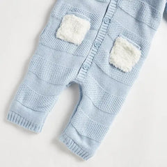 Max fashion Textured Fur Lining Sweater Romper with Hood blue